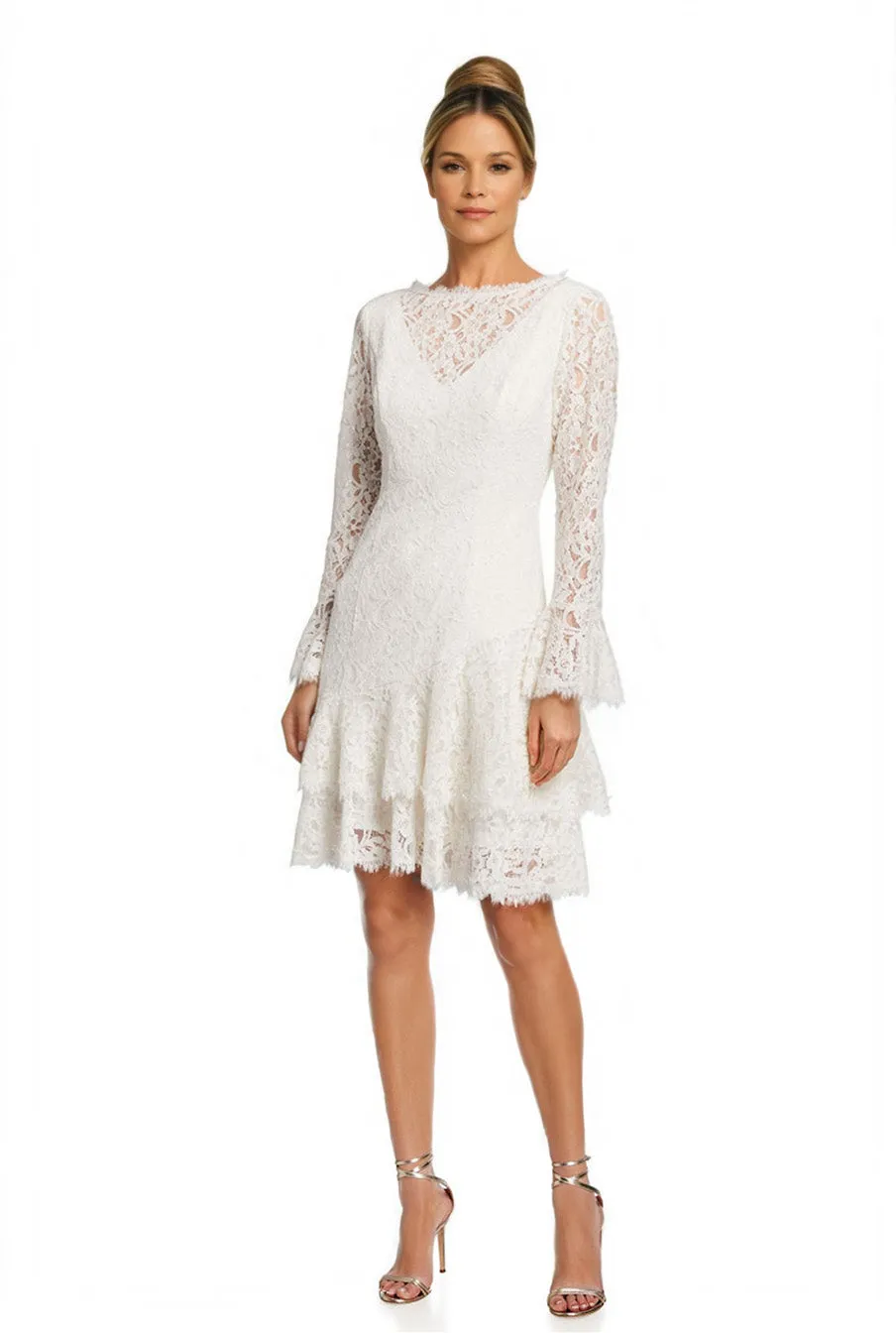 Long-Sleeve Double Ruffle Lace Dress in White