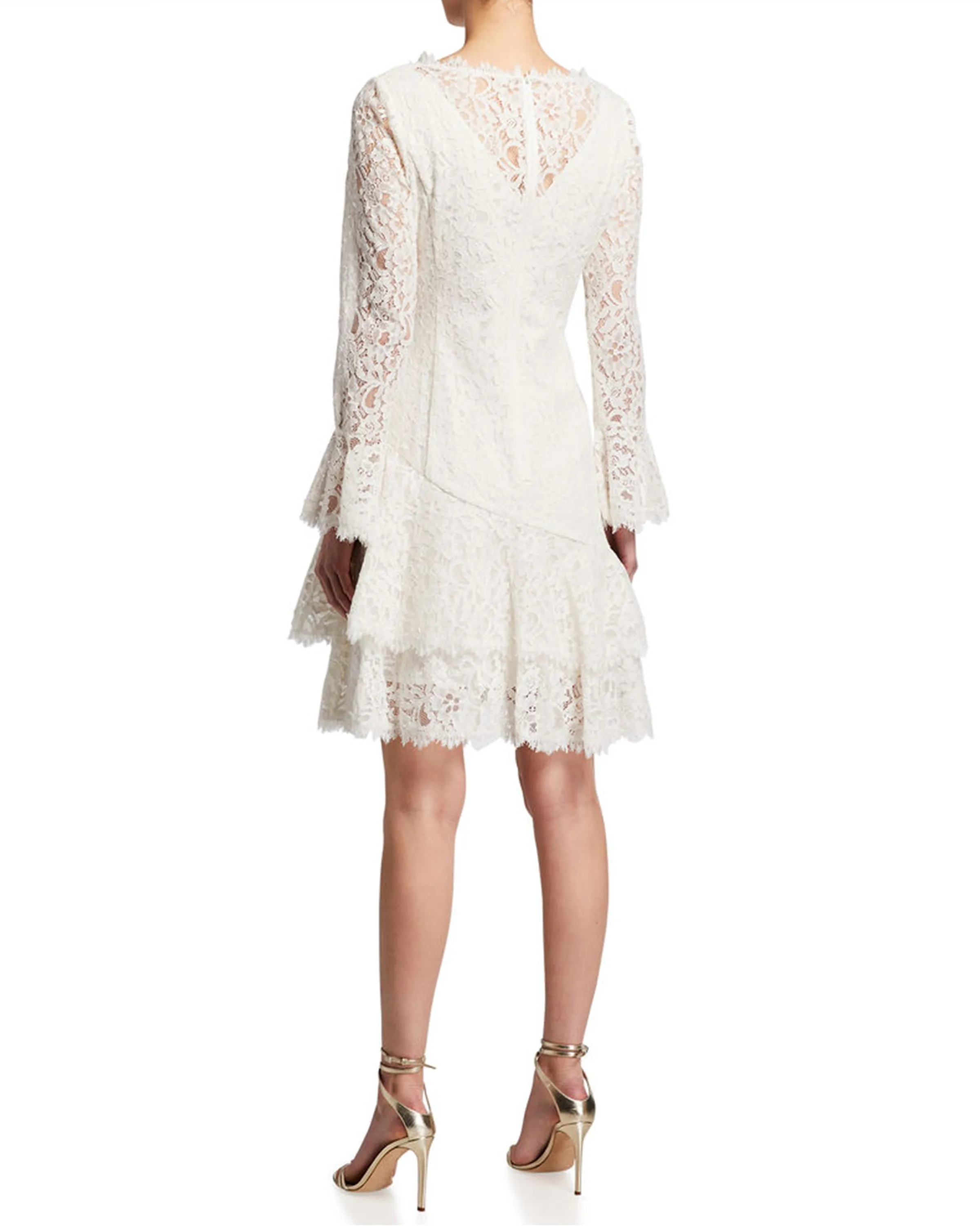 Long-Sleeve Double Ruffle Lace Dress in White