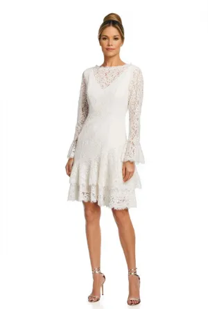 Long-Sleeve Double Ruffle Lace Dress in White
