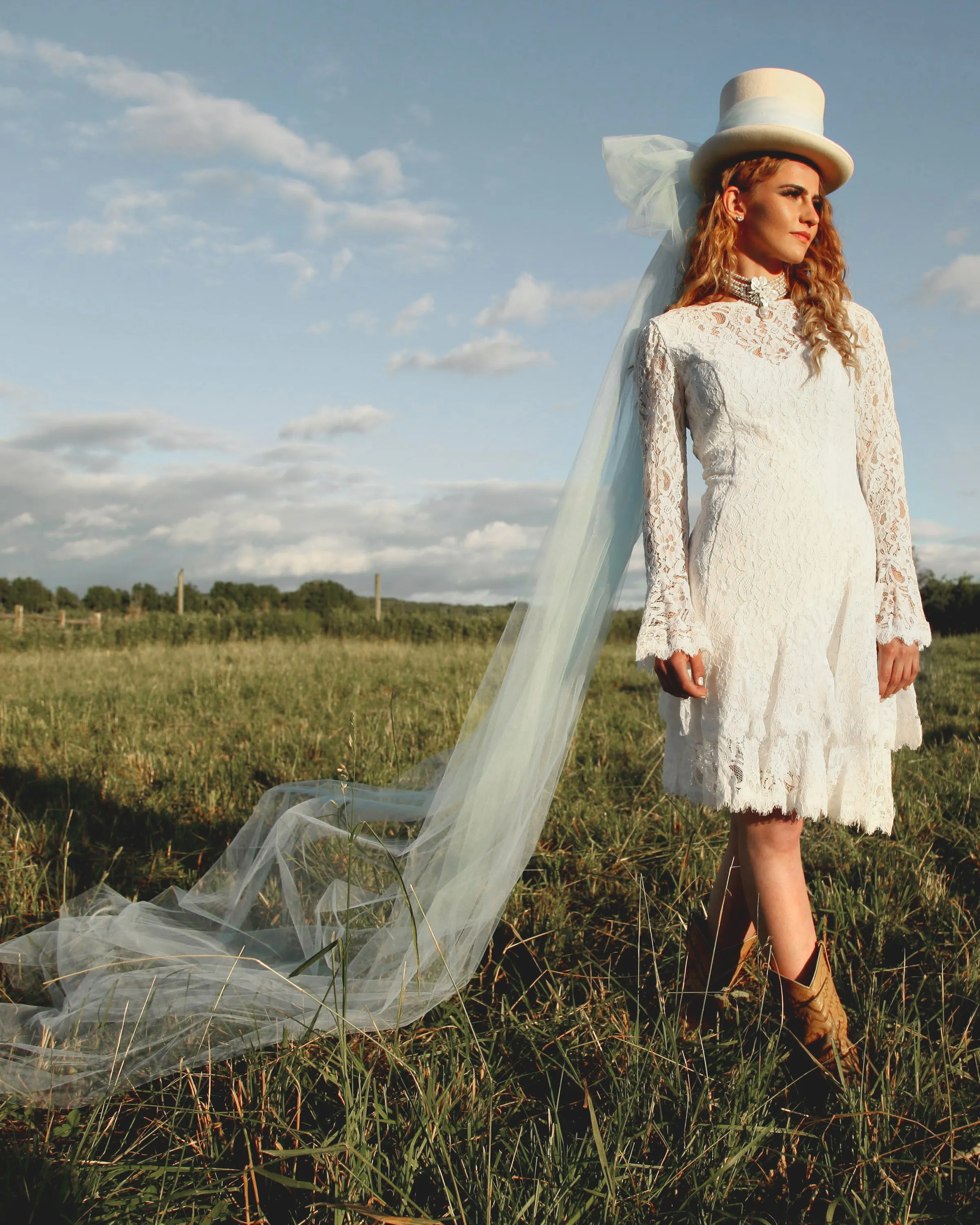 Long-Sleeve Double Ruffle Lace Dress in White