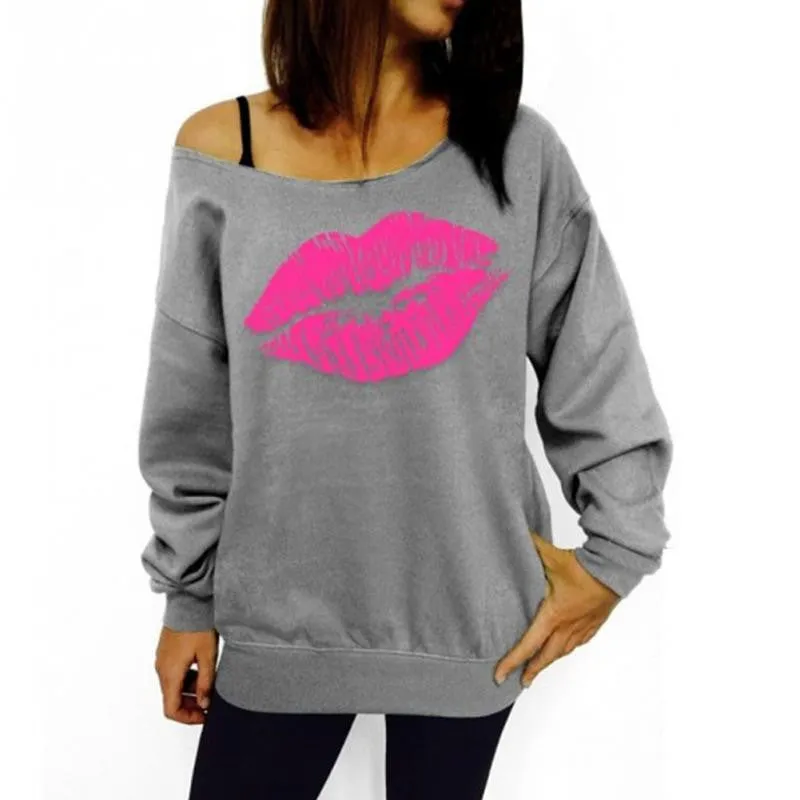 ly Design Girls Cute Sweet Style Red Lips Big Mouth Sexy Oblique Shoulder Tops Women Long Sleeve Pullover Polo Shirts