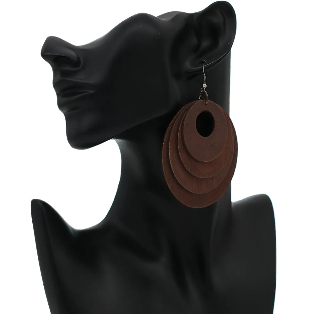 Mahogany Brown Layered Wooden Dangle Earrings
