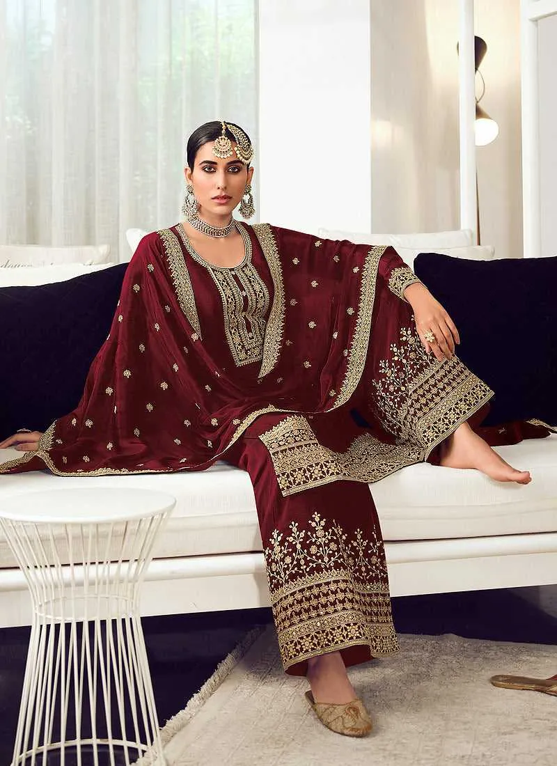 Maroon and Gold Heavy Embroidered Stylish Palazzo Suit