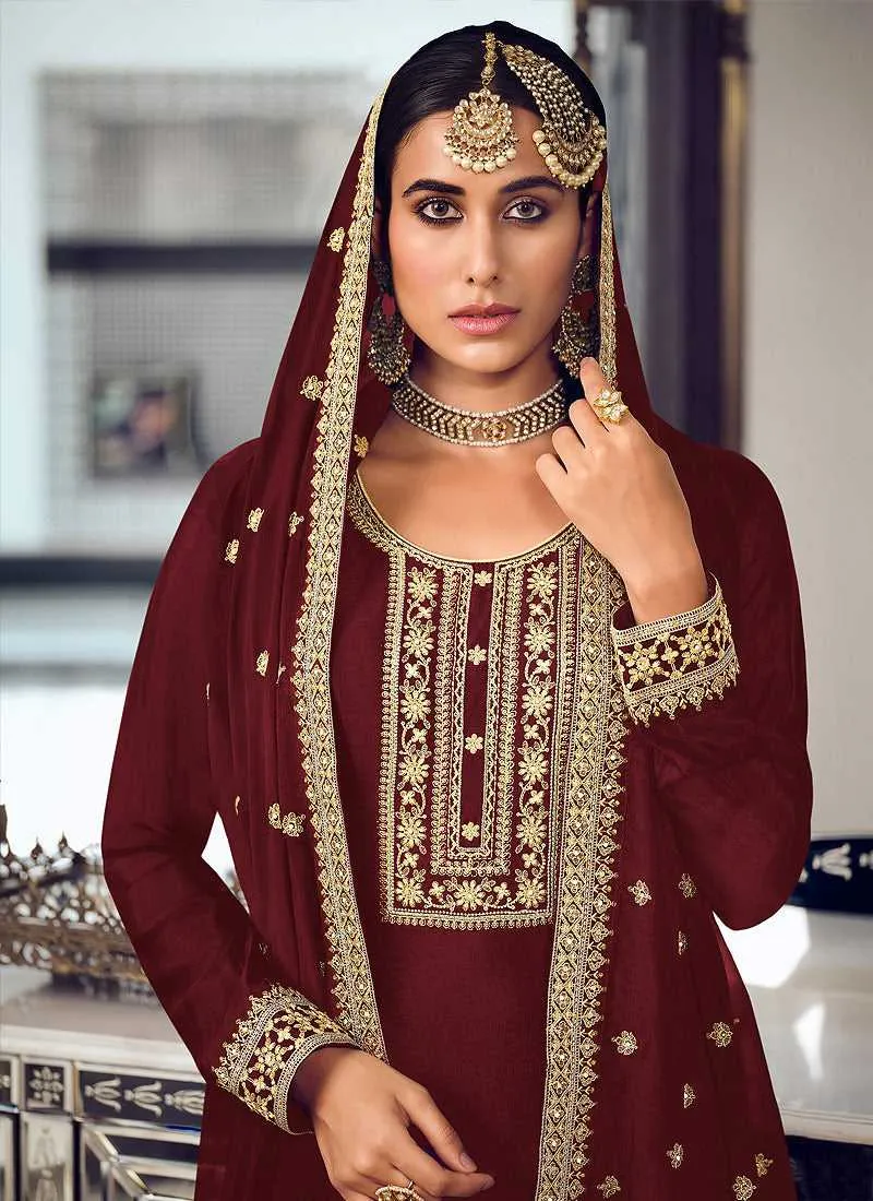 Maroon and Gold Heavy Embroidered Stylish Palazzo Suit