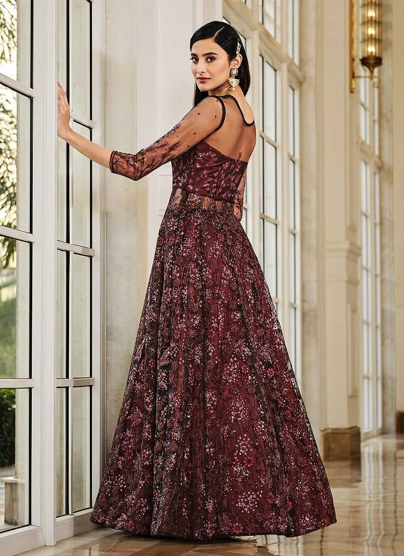 Maroon Floral Embroidered Stylish Lehenga/ Pant Style Anarkali