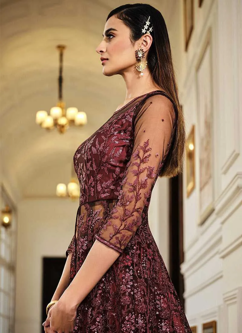 Maroon Floral Embroidered Stylish Lehenga/ Pant Style Anarkali