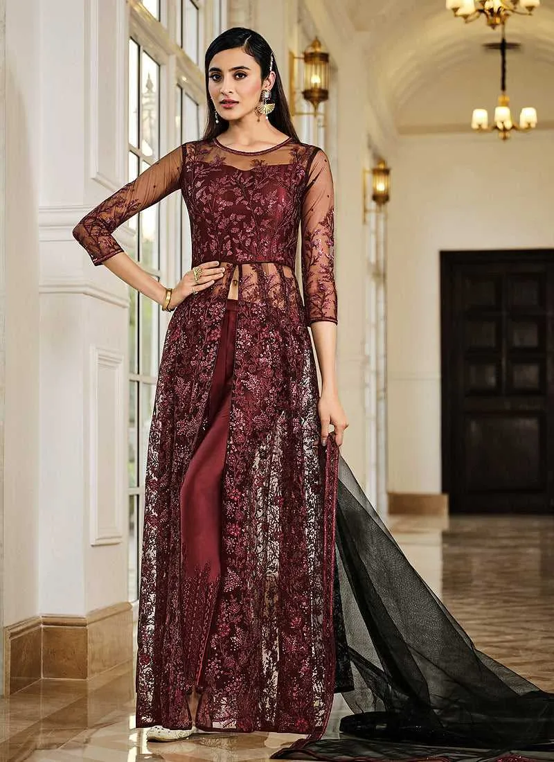 Maroon Floral Embroidered Stylish Lehenga/ Pant Style Anarkali