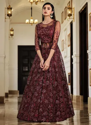 Maroon Floral Embroidered Stylish Lehenga/ Pant Style Anarkali