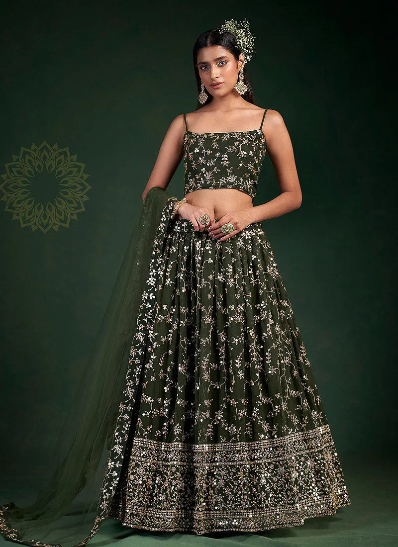 Mehendi Green Embroidered Stylish Lehenga Choli