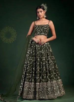 Mehendi Green Embroidered Stylish Lehenga Choli