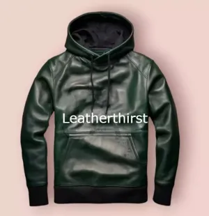 Mens & boys Olive Gree Premium Leather Hoodie. Real Soft Lambskin leather Hoody.