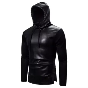 Mens black Leather Halloween Hoodie. Real Soft Lambskin leather M