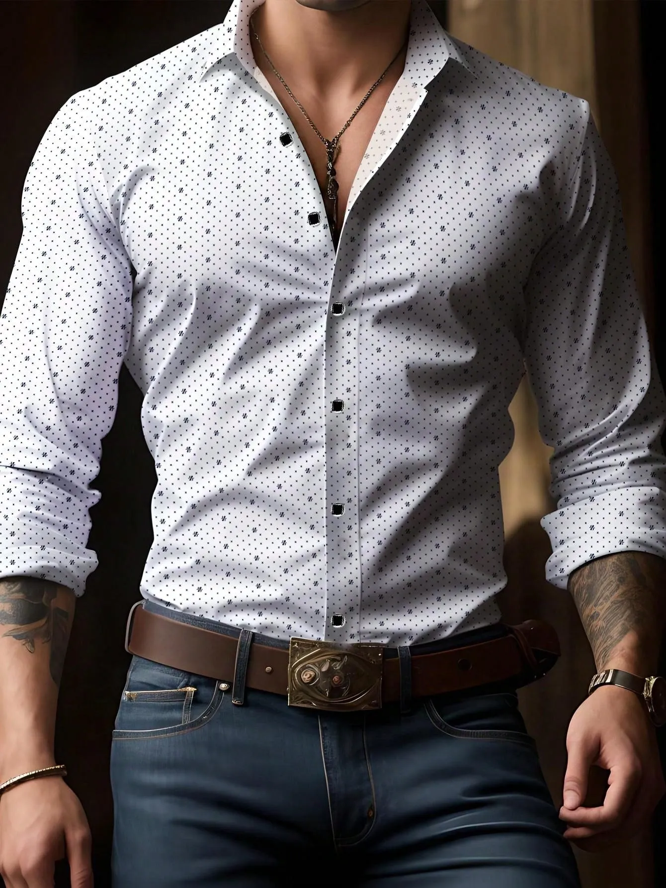 Men's Geometric Print Shirt, Slim Fit Long Sleeve Single Breasted Turndown Collar White Shirt, Elegant And Fashionable Top For Business And Formal Party, Suitable For Spring, Summer And Autumn