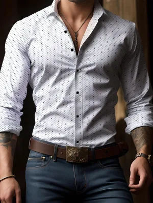 Men's Geometric Print Shirt, Slim Fit Long Sleeve Single Breasted Turndown Collar White Shirt, Elegant And Fashionable Top For Business And Formal Party, Suitable For Spring, Summer And Autumn