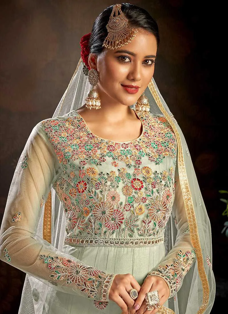 Mint Floral Embroidered Stylish Kalidar Anarkali