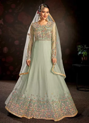 Mint Floral Embroidered Stylish Kalidar Anarkali