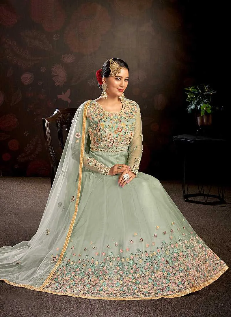 Mint Floral Embroidered Stylish Kalidar Anarkali