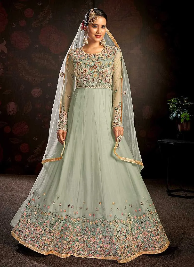 Mint Floral Embroidered Stylish Kalidar Anarkali