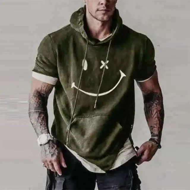 Modern Men's Short Sleeve Tops New Pullover Casual Male Loose Street Hoodies For Man Men's Asymmetrical Hem Short Sleeve Sweatshirt Hipster Hip Hop Pullover Hoodie with Pocket Men's Summer Stylish Casual Loose Pullover