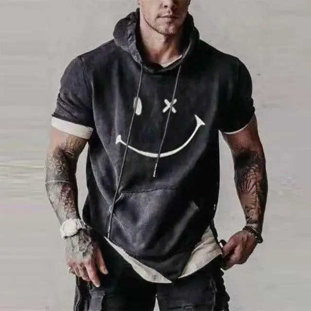 Modern Men's Short Sleeve Tops New Pullover Casual Male Loose Street Hoodies For Man Men's Asymmetrical Hem Short Sleeve Sweatshirt Hipster Hip Hop Pullover Hoodie with Pocket Men's Summer Stylish Casual Loose Pullover