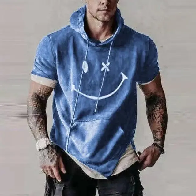 Modern Men's Short Sleeve Tops New Pullover Casual Male Loose Street Hoodies For Man Men's Asymmetrical Hem Short Sleeve Sweatshirt Hipster Hip Hop Pullover Hoodie with Pocket Men's Summer Stylish Casual Loose Pullover