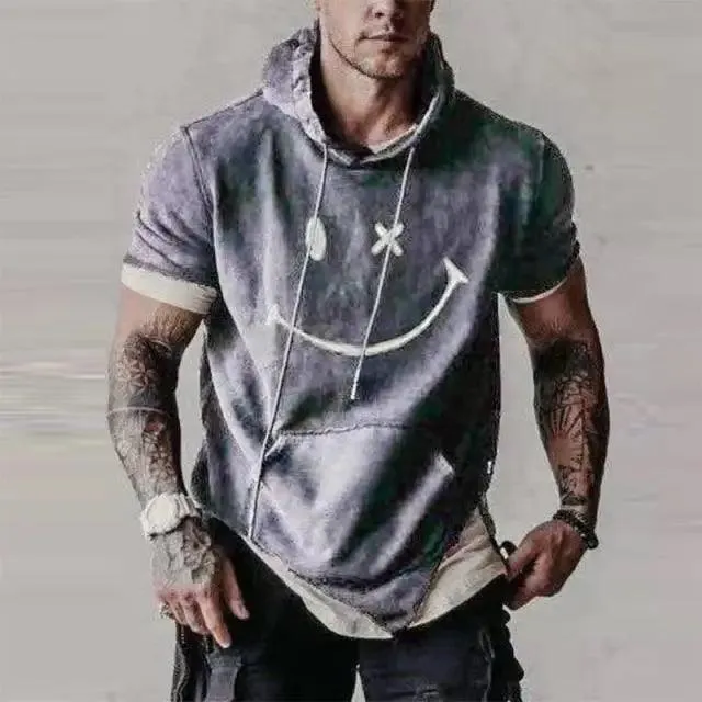 Modern Men's Short Sleeve Tops New Pullover Casual Male Loose Street Hoodies For Man Men's Asymmetrical Hem Short Sleeve Sweatshirt Hipster Hip Hop Pullover Hoodie with Pocket Men's Summer Stylish Casual Loose Pullover