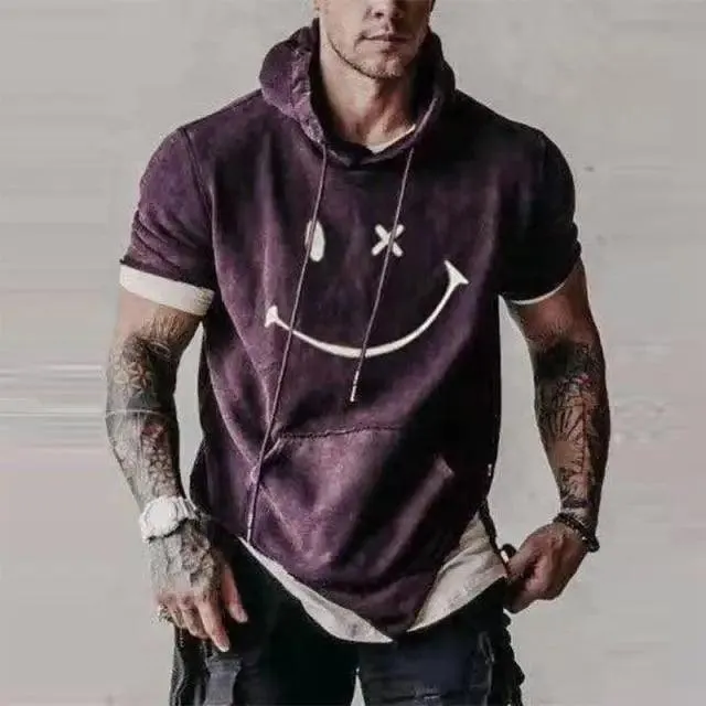 Modern Men's Short Sleeve Tops New Pullover Casual Male Loose Street Hoodies For Man Men's Asymmetrical Hem Short Sleeve Sweatshirt Hipster Hip Hop Pullover Hoodie with Pocket Men's Summer Stylish Casual Loose Pullover