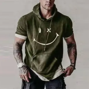 Modern Men's Short Sleeve Tops New Pullover Casual Male Loose Street Hoodies For Man Men's Asymmetrical Hem Short Sleeve Sweatshirt Hipster Hip Hop Pullover Hoodie with Pocket Men's Summer Stylish Casual Loose Pullover