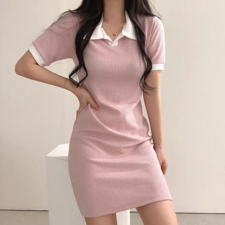 MOMENTLOVER Hot trade dress, ice silk  summer new polo shirt collar women's design sense niche long dress 3 colors