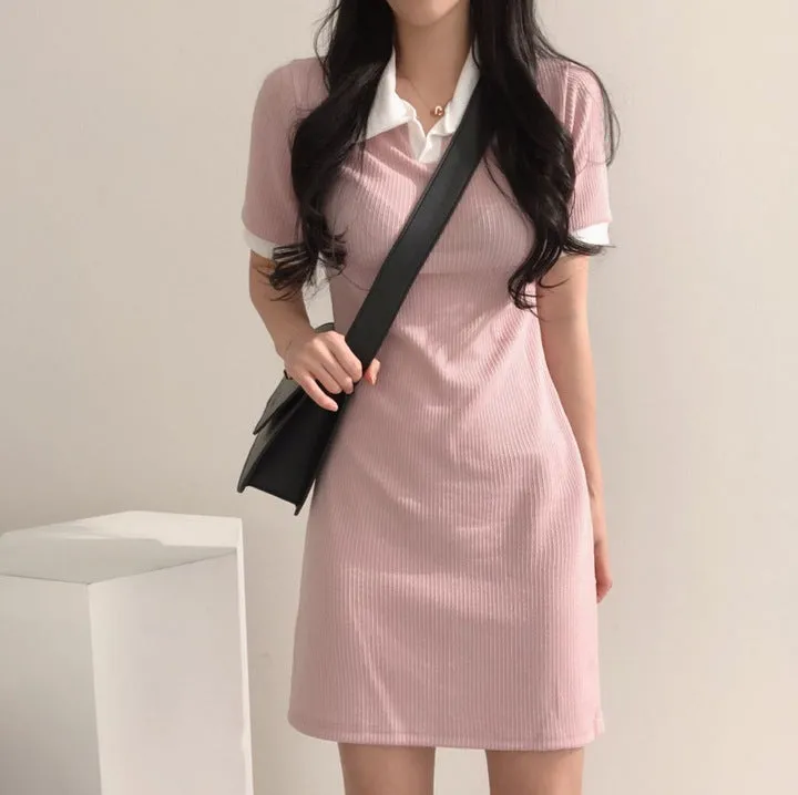 MOMENTLOVER Hot trade dress, ice silk  summer new polo shirt collar women's design sense niche long dress 3 colors