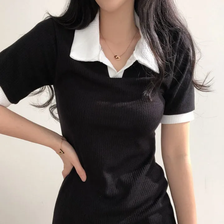 MOMENTLOVER Hot trade dress, ice silk  summer new polo shirt collar women's design sense niche long dress 3 colors