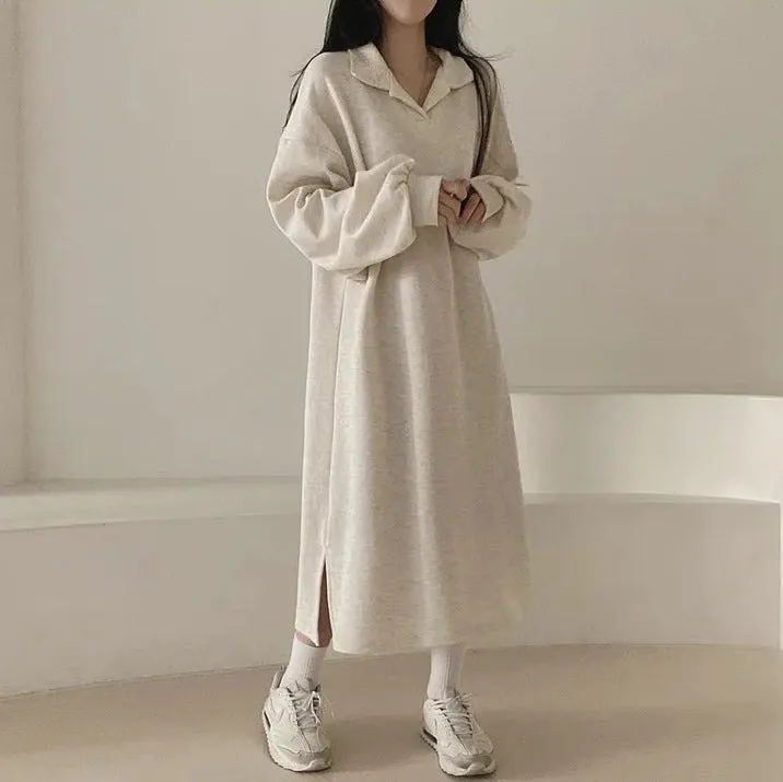 MOMENTLOVER Simple and versatile Japanese Korean version solid color autumn and winter POLO collar spring and autumn velvet loose lazy style long dress