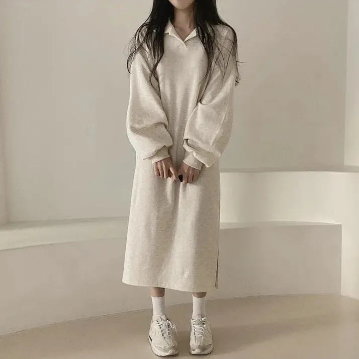 MOMENTLOVER Simple and versatile Japanese Korean version solid color autumn and winter POLO collar spring and autumn velvet loose lazy style long dress