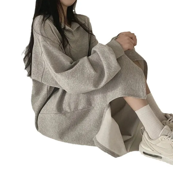 MOMENTLOVER Simple and versatile Japanese Korean version solid color autumn and winter POLO collar spring and autumn velvet loose lazy style long dress