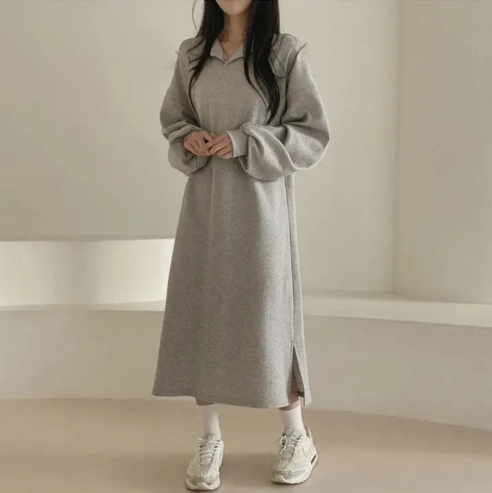MOMENTLOVER Simple and versatile Japanese Korean version solid color autumn and winter POLO collar spring and autumn velvet loose lazy style long dress