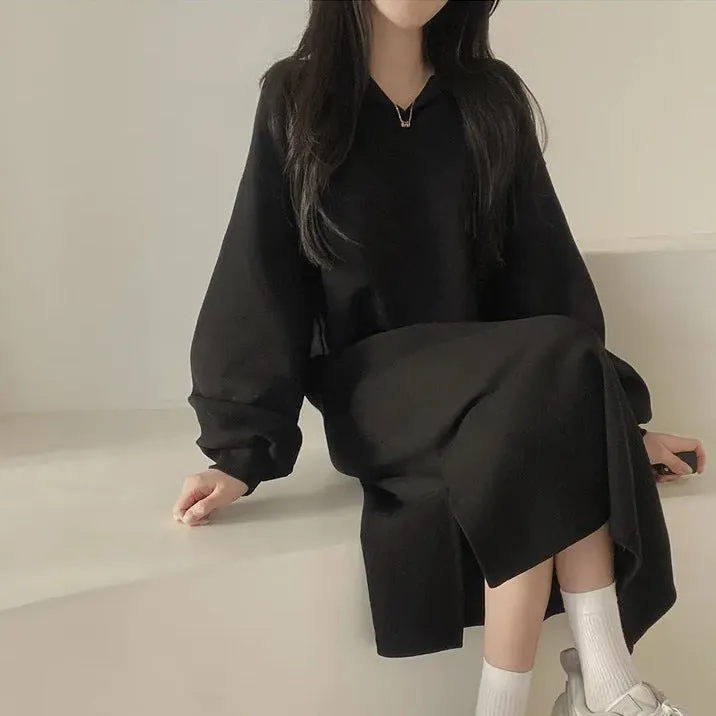 MOMENTLOVER Simple and versatile Japanese Korean version solid color autumn and winter POLO collar spring and autumn velvet loose lazy style long dress