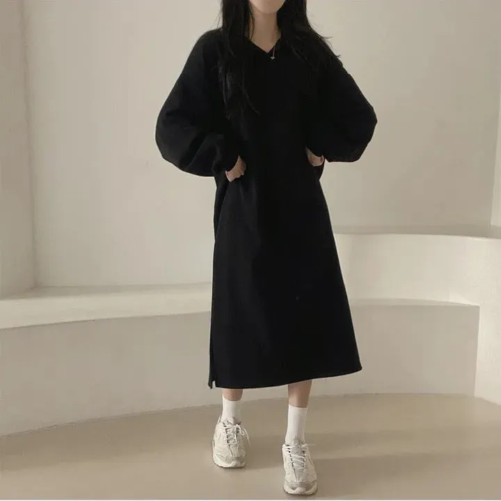 MOMENTLOVER Simple and versatile Japanese Korean version solid color autumn and winter POLO collar spring and autumn velvet loose lazy style long dress
