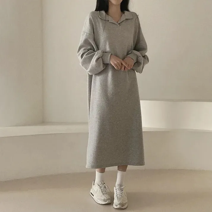 MOMENTLOVER Simple and versatile Japanese Korean version solid color autumn and winter POLO collar spring and autumn velvet loose lazy style long dress