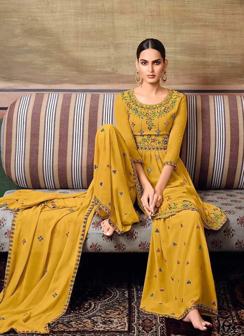 Mustard Mirror Embroidered Stylish Gharara Suit