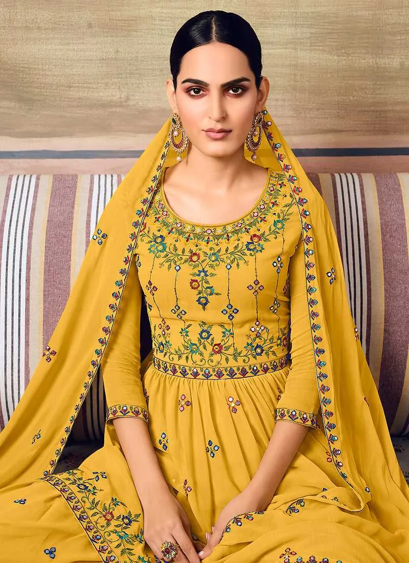 Mustard Mirror Embroidered Stylish Gharara Suit