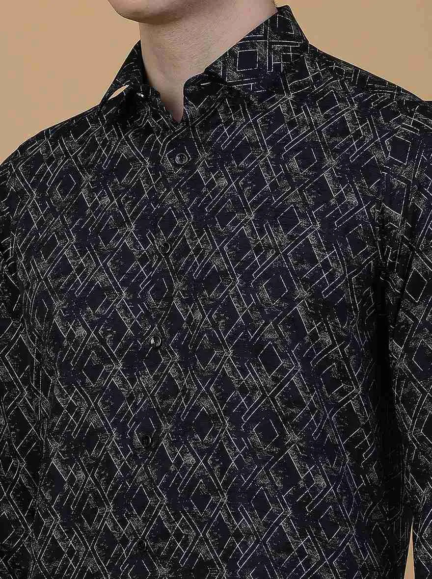 Navy Blue Printed Slim Fit Party Wear Shirt | Greenfibre