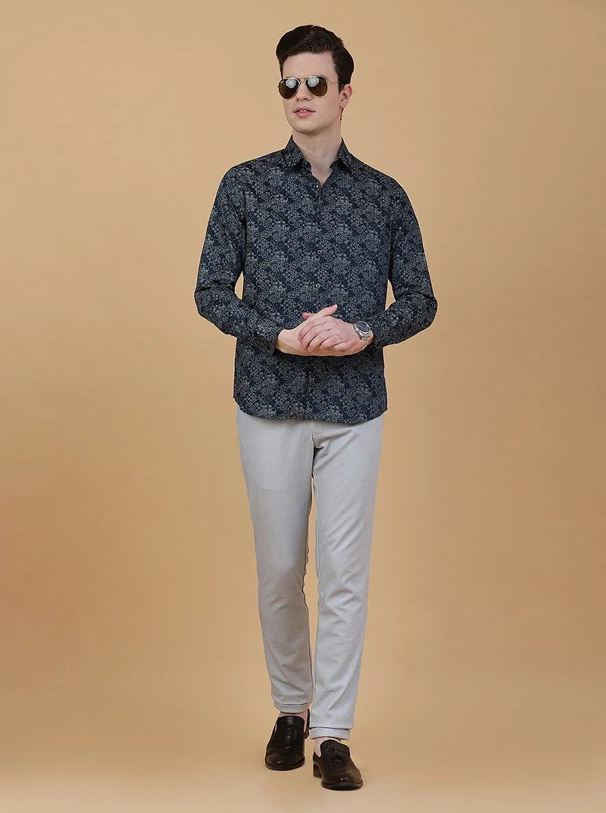 Navy Blue Printed Slim Fit Party Wear Shirt | Greenfibre