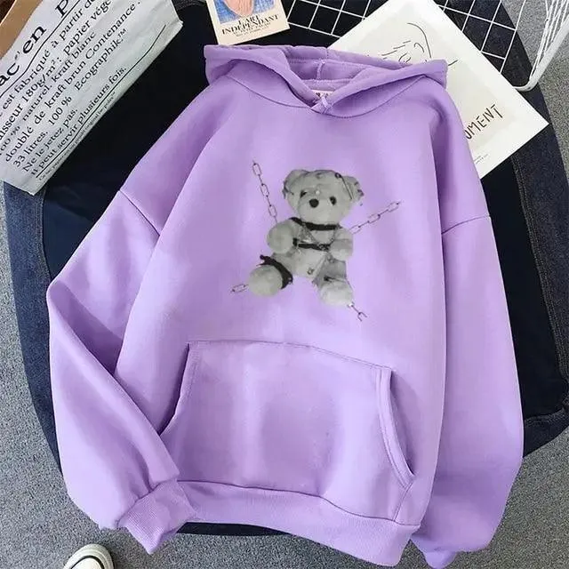 New Dark Hoodies Women Sweatshirts Female Casual Fashion Vintage Oversized Punk Fun Hip Hop Long Bear Long Sleeve Drawstring Hoodie Sweatshirt