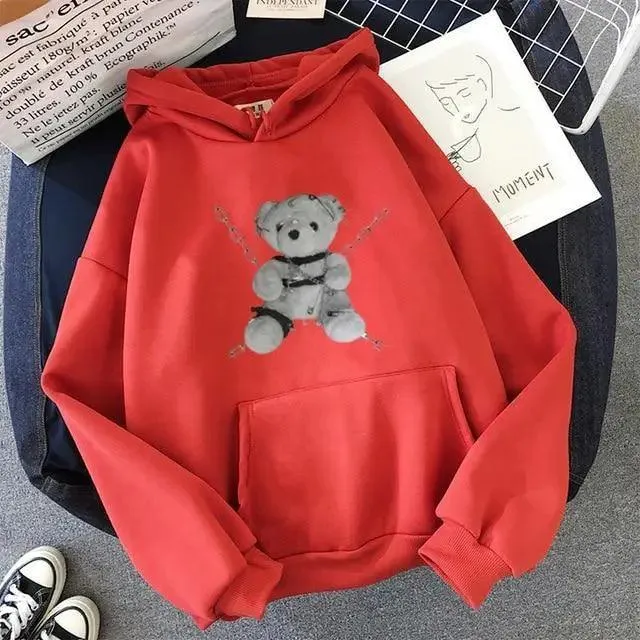 New Dark Hoodies Women Sweatshirts Female Casual Fashion Vintage Oversized Punk Fun Hip Hop Long Bear Long Sleeve Drawstring Hoodie Sweatshirt