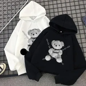New Dark Hoodies Women Sweatshirts Female Casual Fashion Vintage Oversized Punk Fun Hip Hop Long Bear Long Sleeve Drawstring Hoodie Sweatshirt