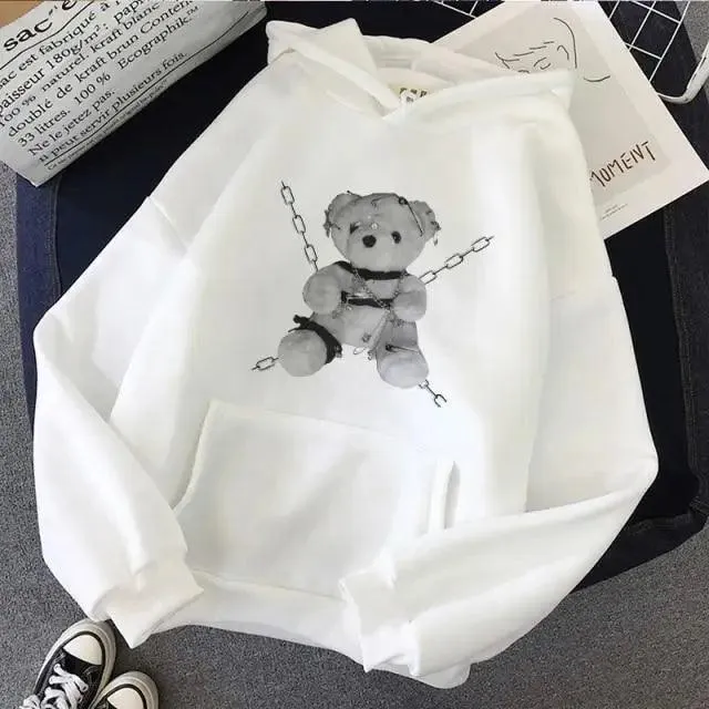 New Dark Hoodies Women Sweatshirts Female Casual Fashion Vintage Oversized Punk Fun Hip Hop Long Bear Long Sleeve Drawstring Hoodie Sweatshirt