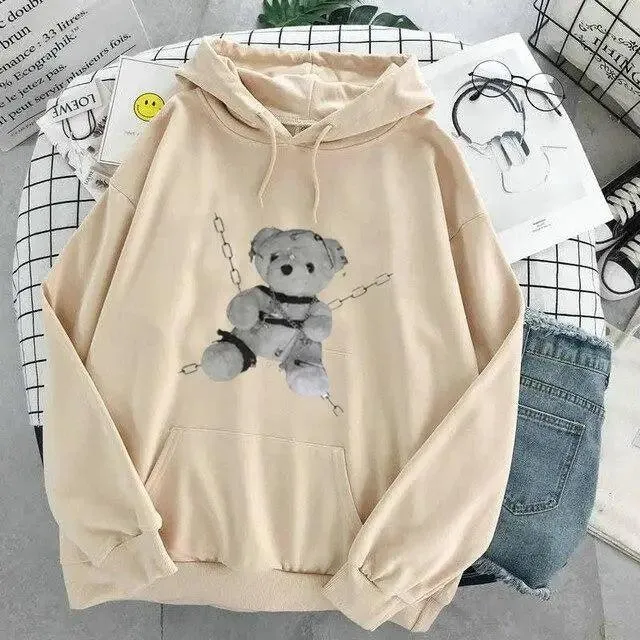 New Dark Hoodies Women Sweatshirts Female Casual Fashion Vintage Oversized Punk Fun Hip Hop Long Bear Long Sleeve Drawstring Hoodie Sweatshirt