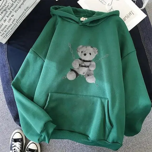 New Dark Hoodies Women Sweatshirts Female Casual Fashion Vintage Oversized Punk Fun Hip Hop Long Bear Long Sleeve Drawstring Hoodie Sweatshirt