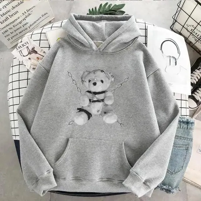 New Dark Hoodies Women Sweatshirts Female Casual Fashion Vintage Oversized Punk Fun Hip Hop Long Bear Long Sleeve Drawstring Hoodie Sweatshirt