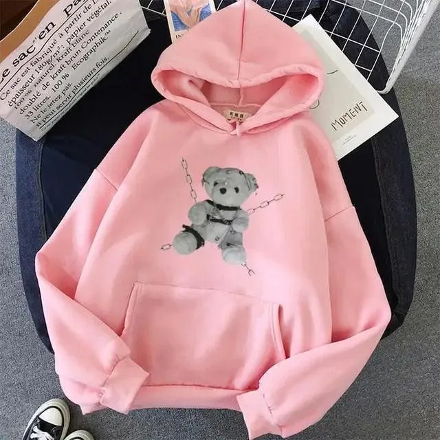 New Dark Hoodies Women Sweatshirts Female Casual Fashion Vintage Oversized Punk Fun Hip Hop Long Bear Long Sleeve Drawstring Hoodie Sweatshirt